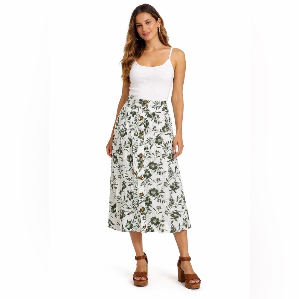 Kohl’s Green Floral Button Front Midi Skirt High Waist Boho Women’s XXL
